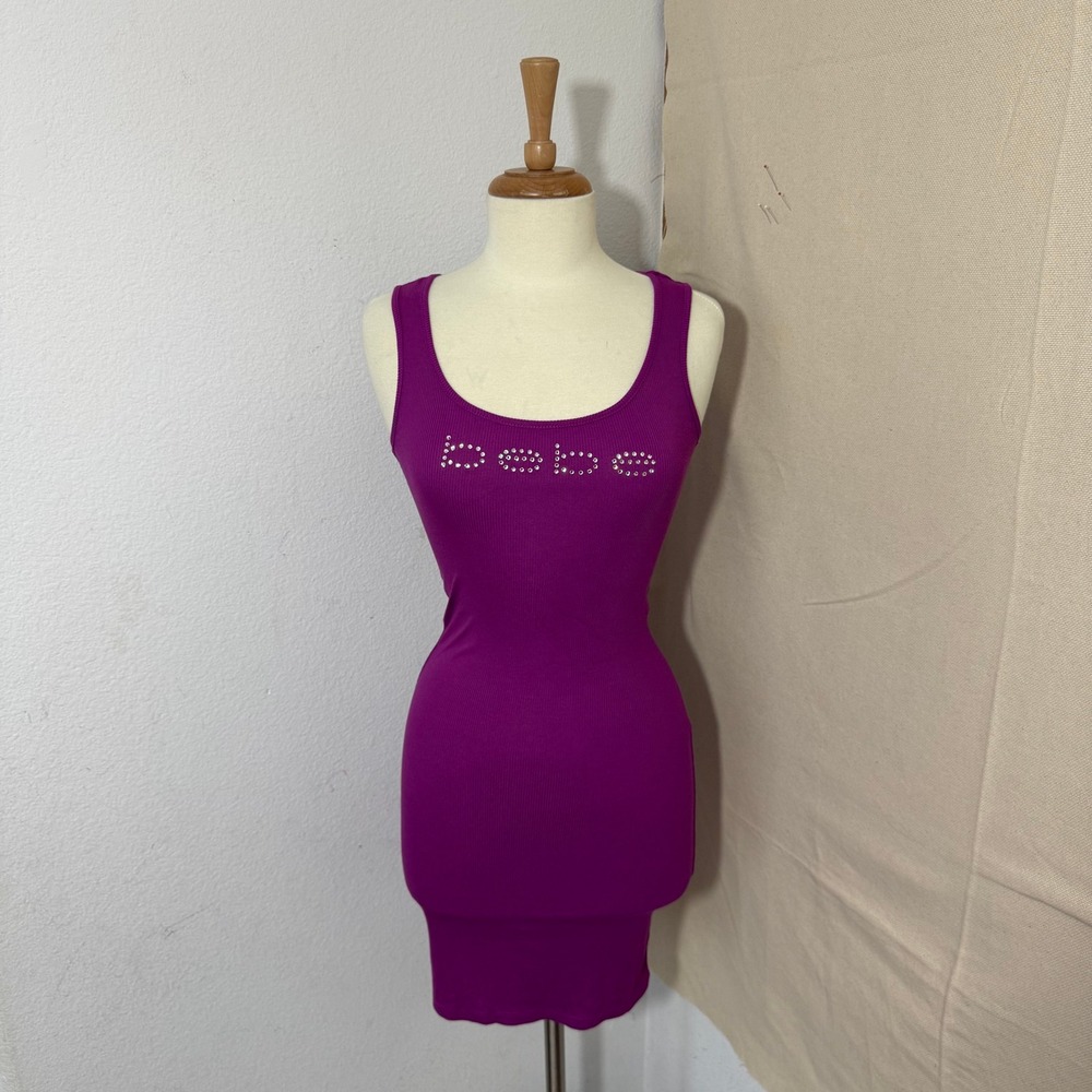 Bebe Womens XXS Purple Ribbed Swarovski Crystal Logo Tank‎ Mini Dress 7SKN0045RB